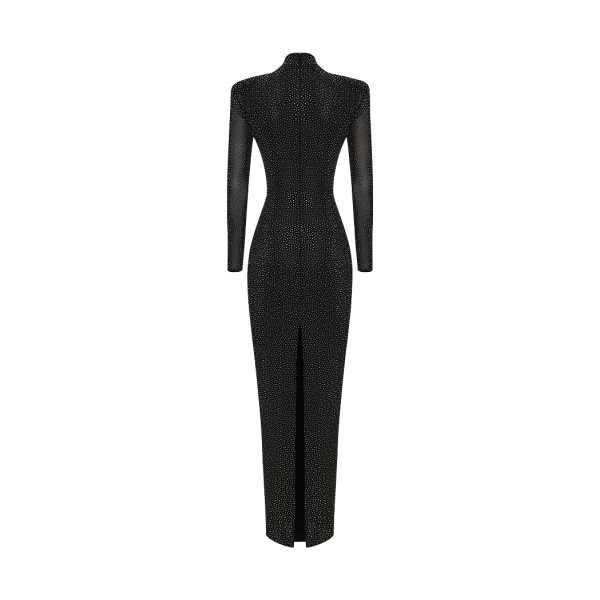 Rasario Crystal-embellished mesh maxi dress with voluminous shoulders in Black, view 3