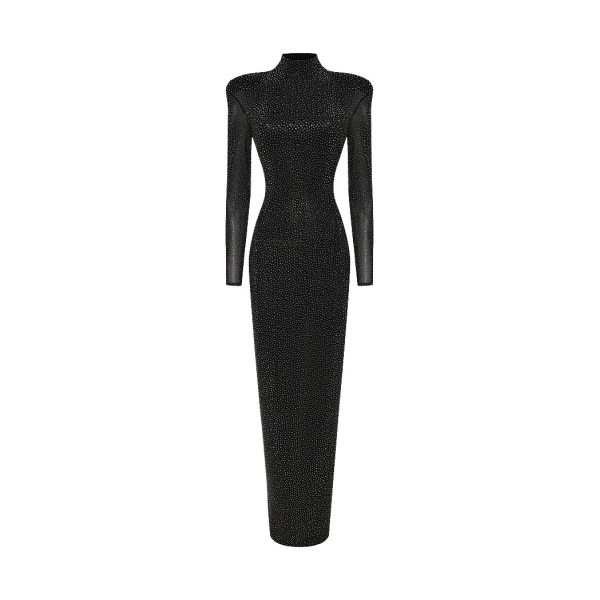 Rasario Crystal-embellished mesh maxi dress with voluminous shoulders in Black