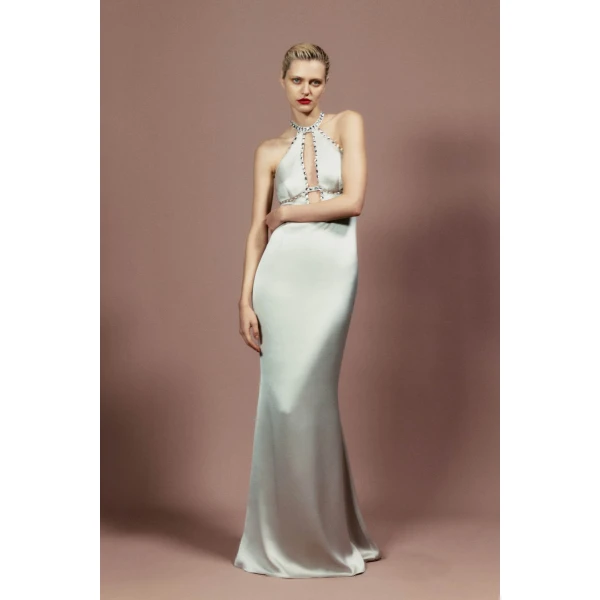 Rasario Crystal-embellished satin maxi dress with cutout in Black, view 2