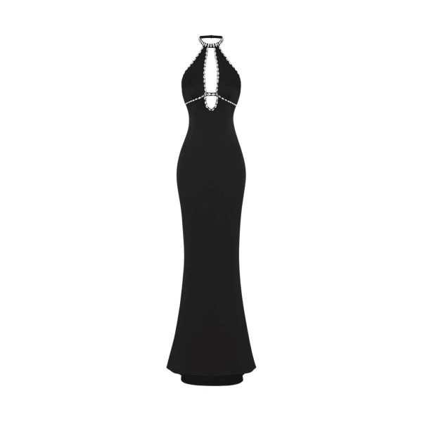 Rasario Crystal-embellished satin maxi dress with cutout in Black