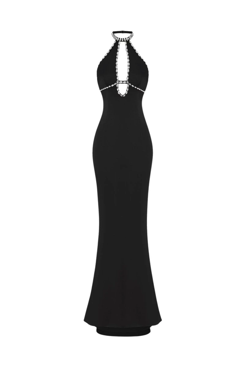Rasario Crystal-embellished satin maxi dress with cutout in Black