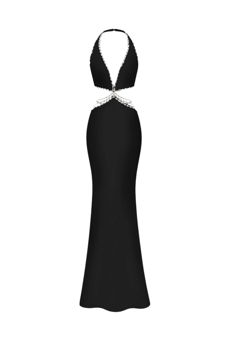 Rasario Crystal-embellished satin maxi dress with cutouts in Black