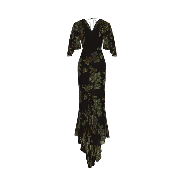 Rasario Devoré velvet maxi dress with cowl back and train in Black, view 4