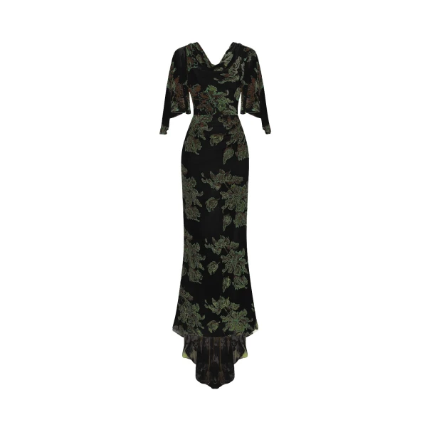 Rasario Devoré velvet maxi dress with cowl back and train in Black