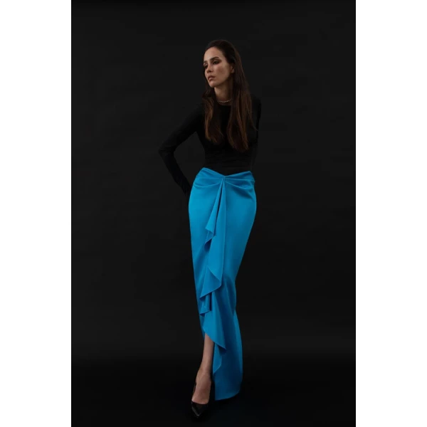 Rasario Draped satin and biflex maxi dress in Black-White, view 3