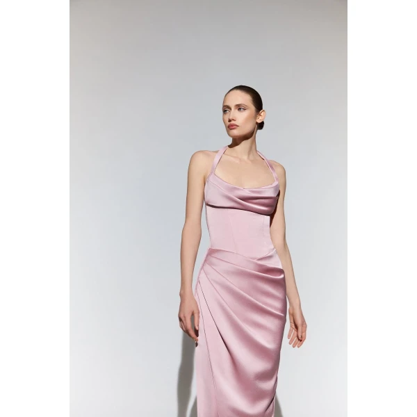 Rasario Draped satin gown with straps in Black, view 4