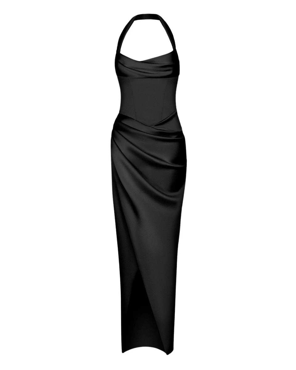 Draped satin gown with straps in Black