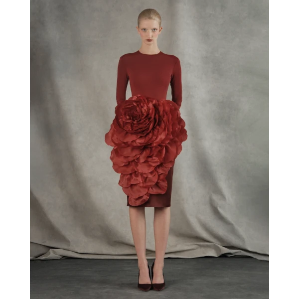 Rasario Knit midi dress with a silk organza flower in Black, view 3