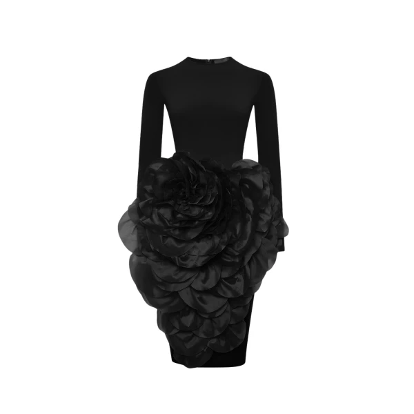 Rasario Knit midi dress with a silk organza flower in Black
