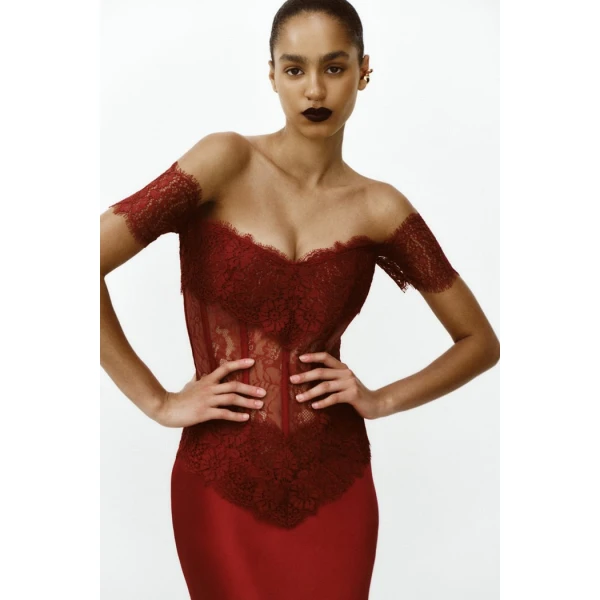 Rasario Lace and satin corset maxi dress in Black, view 2