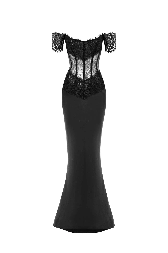 Rasario Lace and satin corset maxi dress in Black