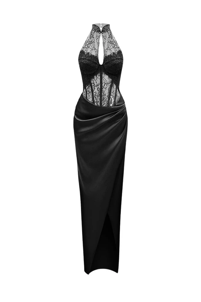 Rasario Lace and satin long midi dress in Black