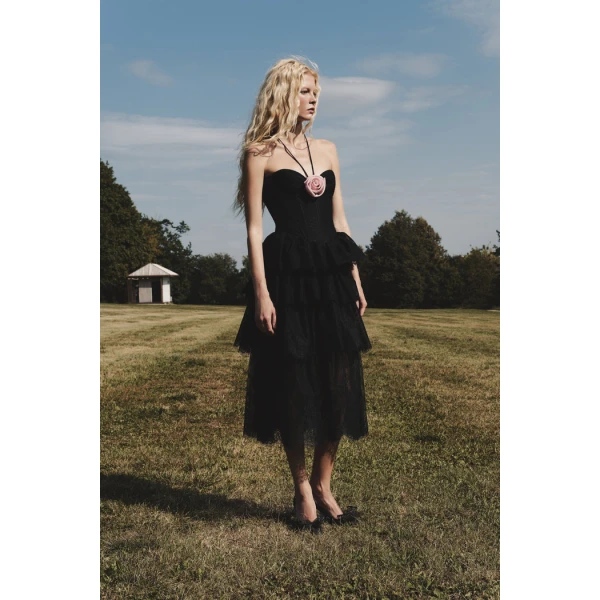 Rasario Lace corset midi dress with a flower in Black, view 2