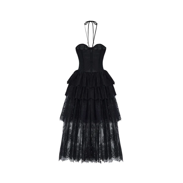 Rasario Lace corset midi dress with a flower in Black, view 3