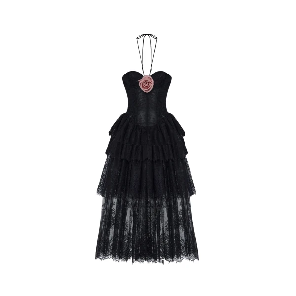 Rasario Lace corset midi dress with a flower in Black