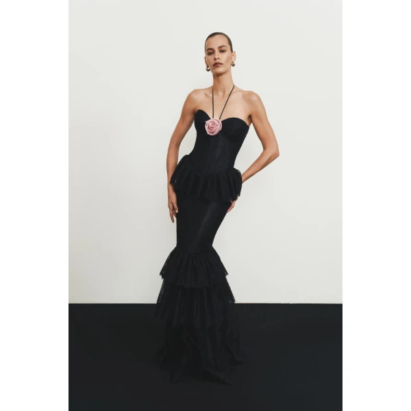Rasario Lace maxi dress with a chiffon flower in Black, view 2