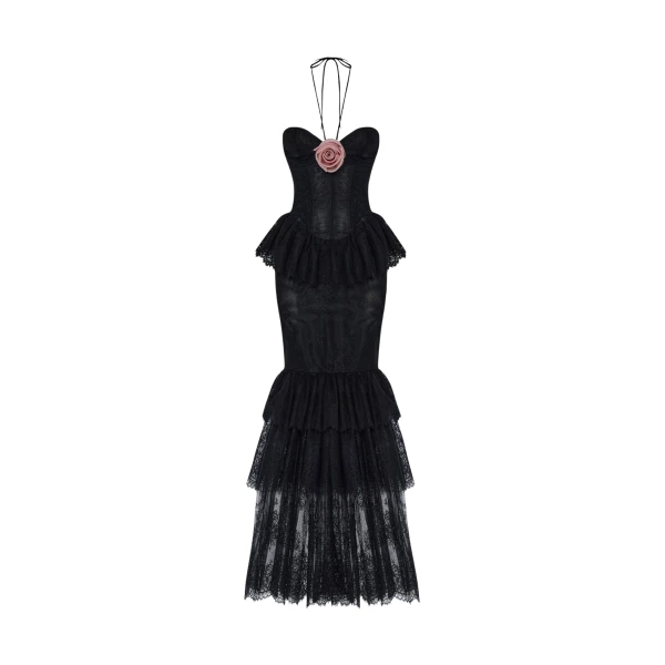 Rasario Lace maxi dress with a chiffon flower in Black