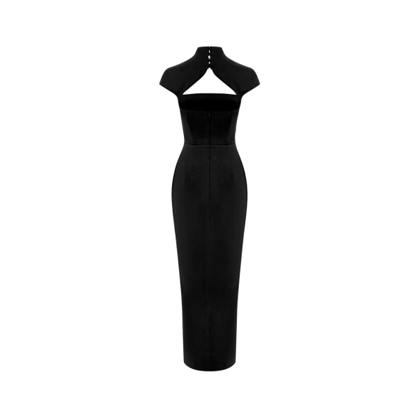 Rasario Long midi corset satin dress with a side slit in Black, view 3