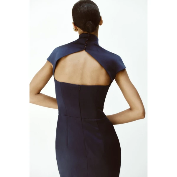 Rasario Long midi corset satin dress with a side slit in Black, view 4