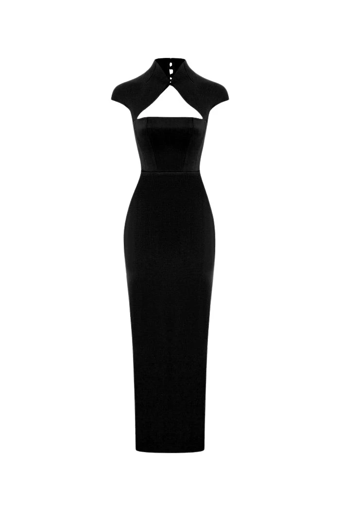 Rasario Long midi corset satin dress with a side slit in Black