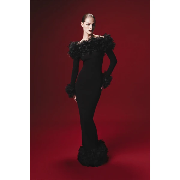 Rasario Maxi dress in jersey with floral trim in Black, view 2