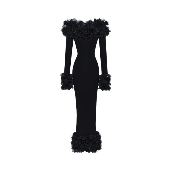 Rasario Maxi dress in jersey with floral trim in Black