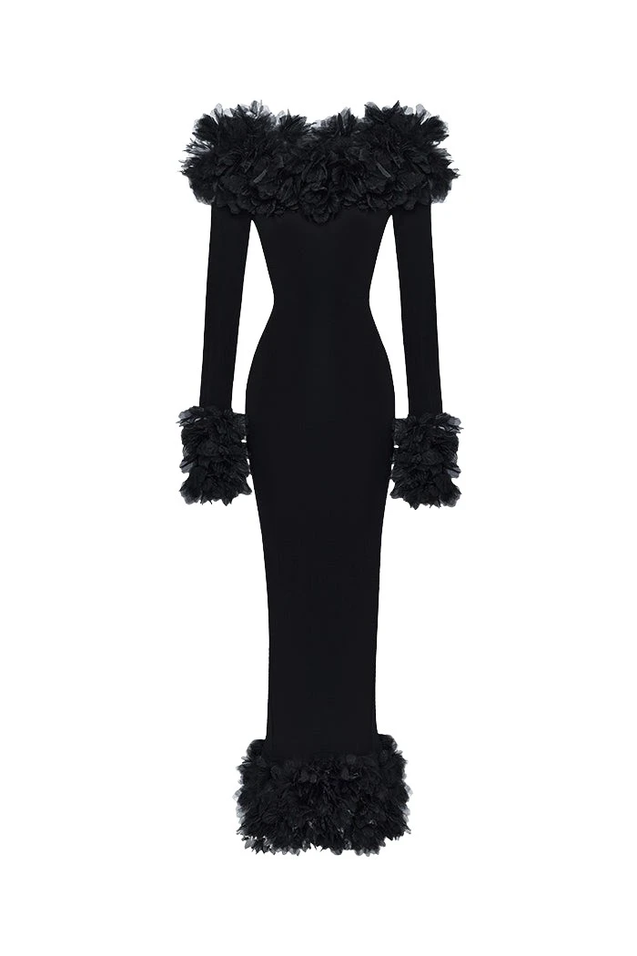 Rasario Maxi dress in jersey with floral trim in Black