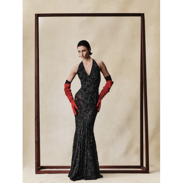 Rasario Maxi dress with sequin chiffon inserts in Black, view 3