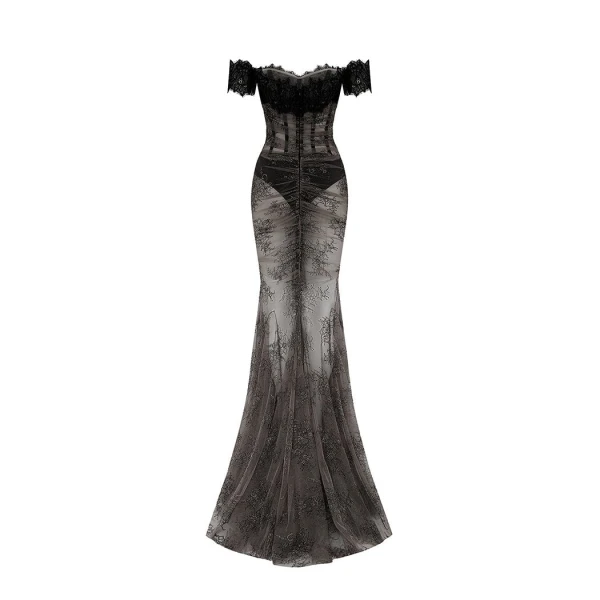 Rasario Off-the-shoulder corset lace gown in Black, view 3