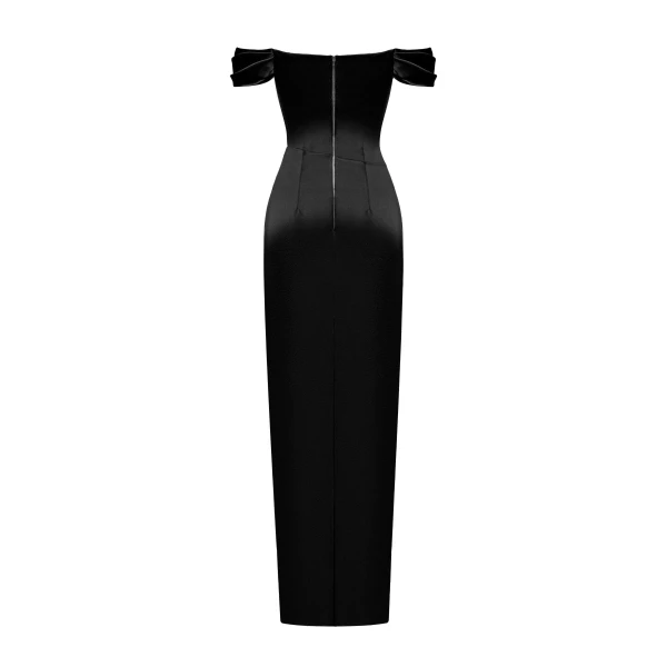 Rasario Off-the-shoulder draped corset satin gown in Black, view 3
