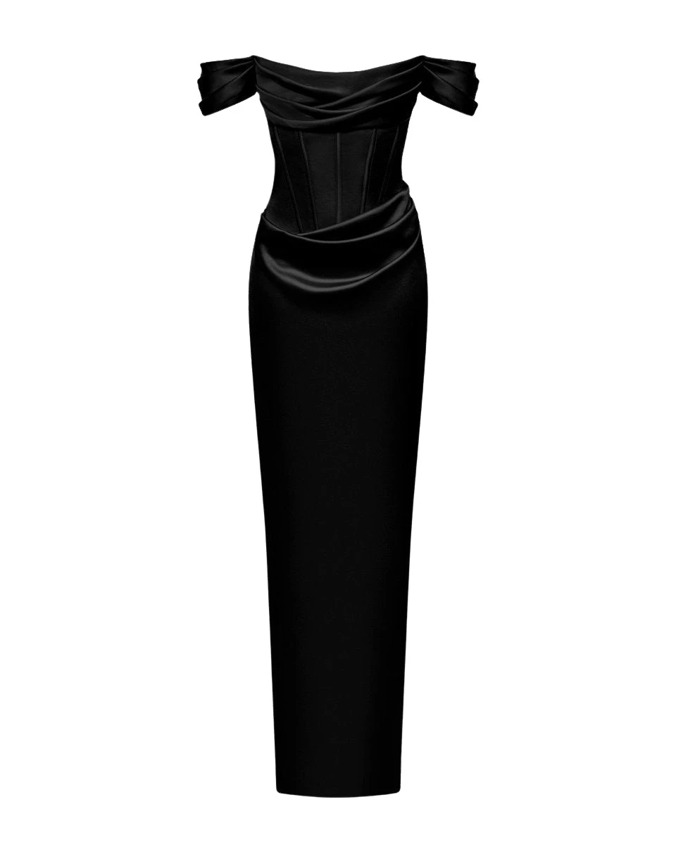 Rasario Off-the-shoulder draped corset satin gown in Black