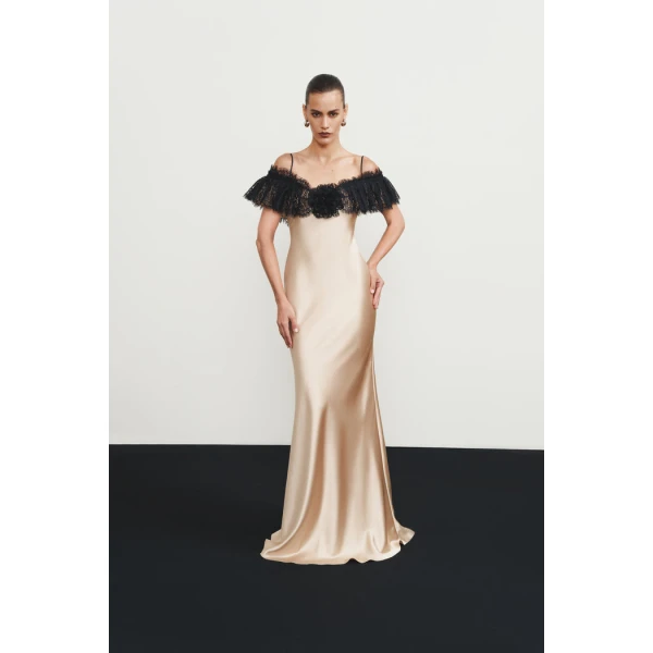 Rasario Satin and lace maxi dress with a flower in Black, view 2