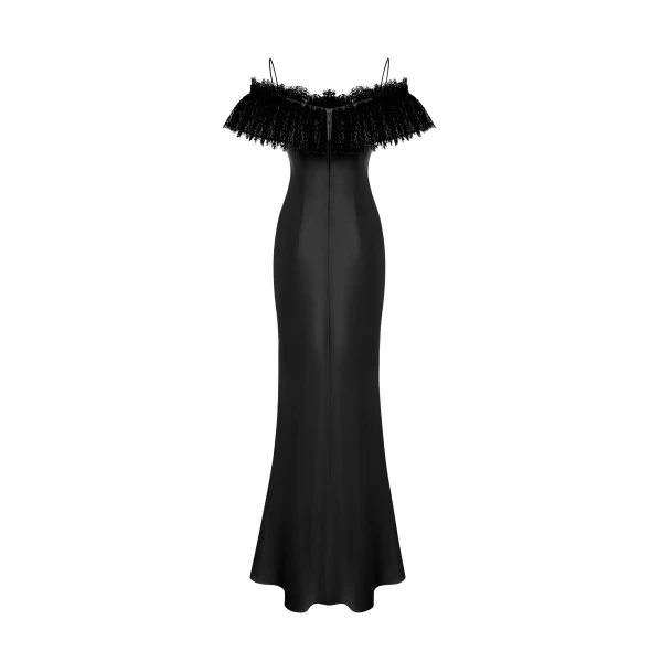 Rasario Satin and lace maxi dress with a flower in Black, view 4