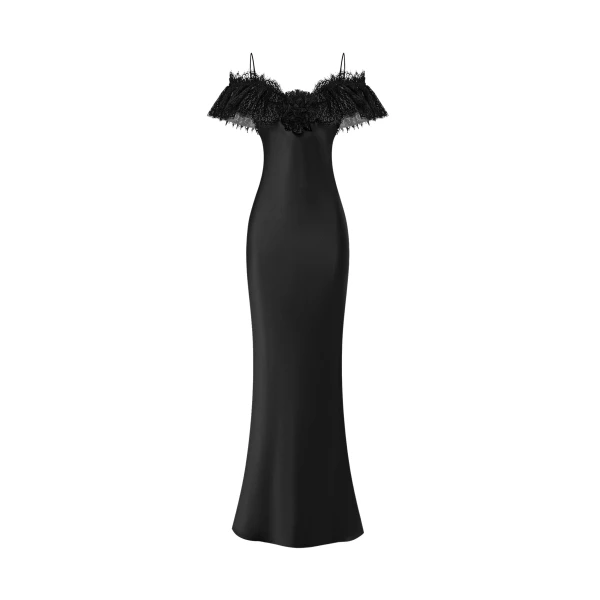 Rasario Satin and lace maxi dress with a flower in Black