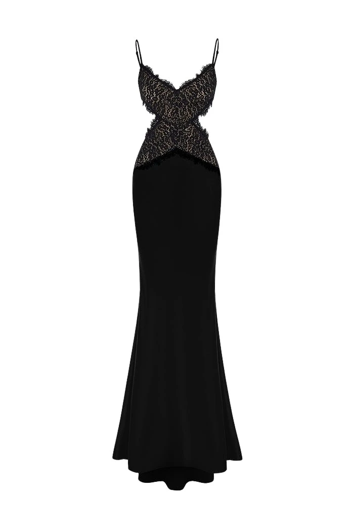 Rasario Satin and lace maxi dress with cutouts in Black
