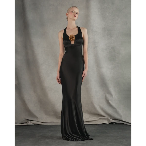 Rasario Satin maxi dress with a flower in Black, view 2