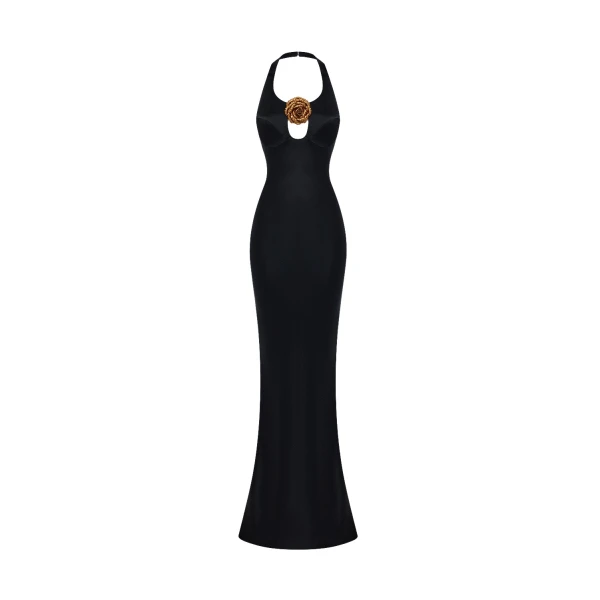 Rasario Satin maxi dress with a flower in Black