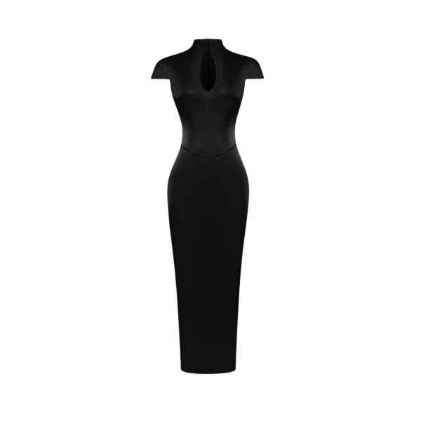 Rasario Satin midi dress with a side slit in Black