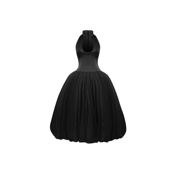 Rasario Satin midi dress with a voluminous taffeta skirt in Black