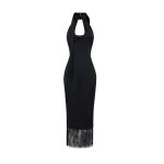 Rasario Satin midi dress with fringe trim in Black