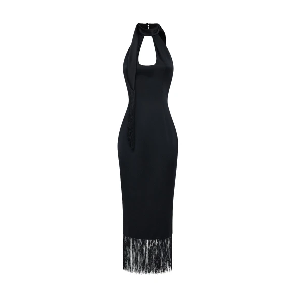 Rasario Satin midi dress with fringe trim in Black