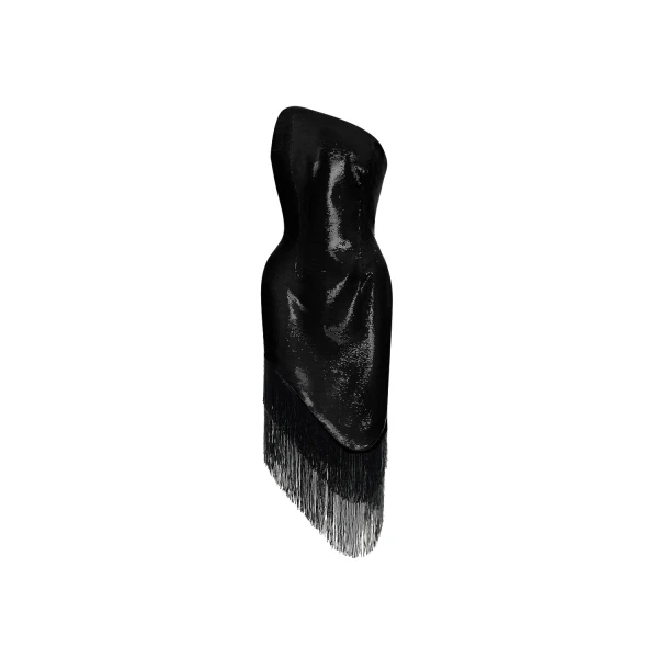 Rasario Sequin asymmetric midi dress with beaded fringe in Black