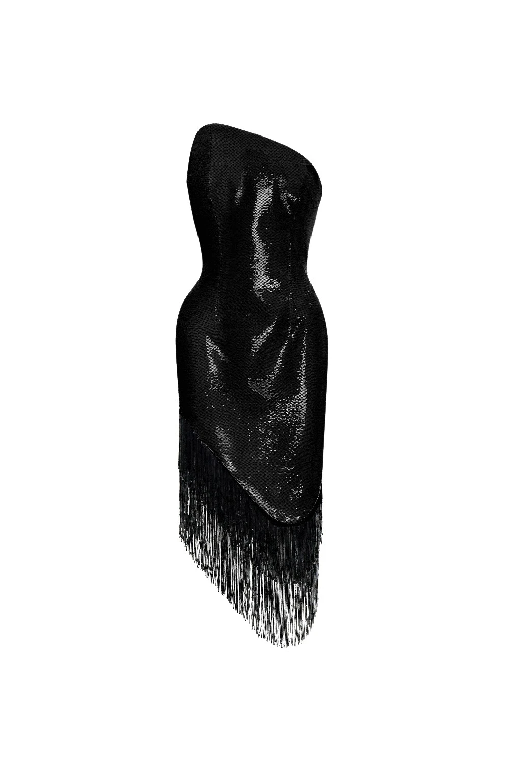 Rasario Sequin asymmetric midi dress with beaded fringe in Black