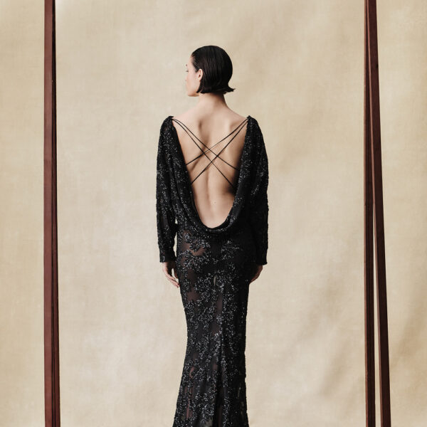 Rasario Sequin chiffon maxi dress with batwing sleeves in Black, view 2