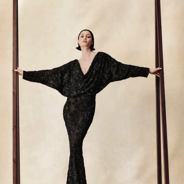 Rasario Sequin chiffon maxi dress with batwing sleeves in Black, view 3