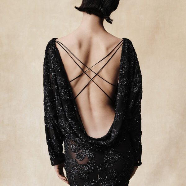 Rasario Sequin chiffon maxi dress with batwing sleeves in Black, view 5