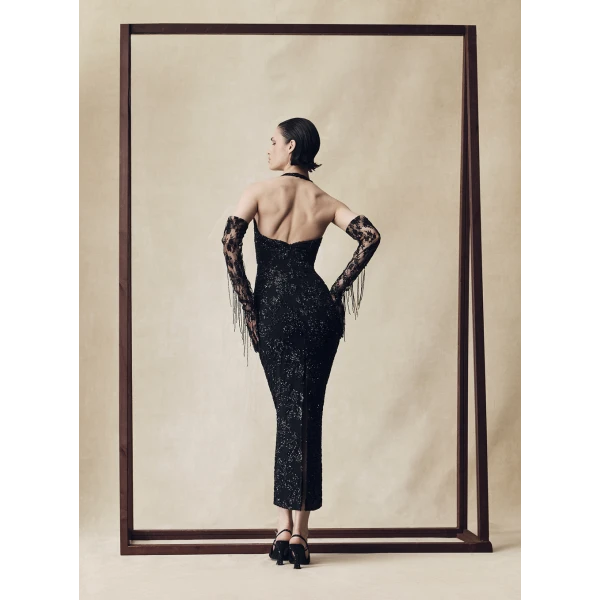 Rasario Sequin chiffon midi dress with halter neckline in Black, view 2