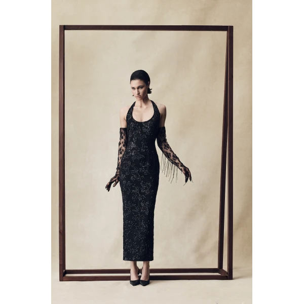 Rasario Sequin chiffon midi dress with halter neckline in Black, view 3