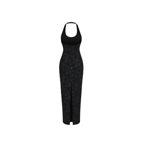 Rasario Sequin chiffon midi dress with halter neckline in Black, view 4