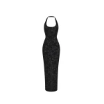 Rasario Sequin chiffon midi dress with halter neckline in Black